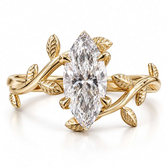 vylahjewellery Marquise Cut Moissanite Ring, Leaf Branch Nature Inspired Engagement Ring for Women, 4 Prong Solitaire Ring