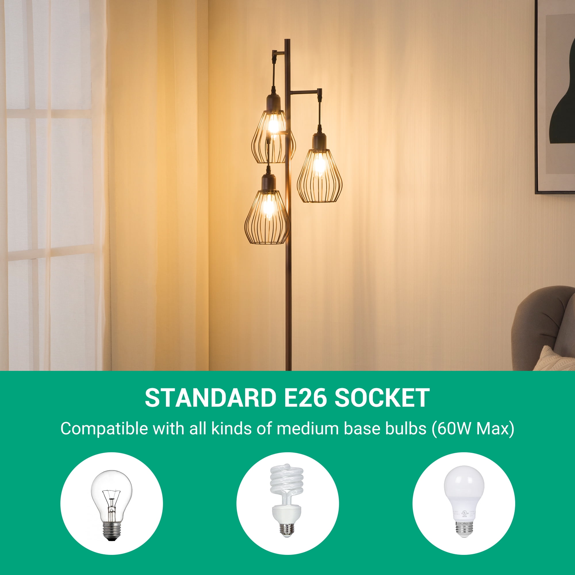 EDISHINE 3-Light 65.5" Tree Floor Lamp with bulbs included，Perfect for Living Room, Bedroom, Office, Dining Room Decor - Bronze