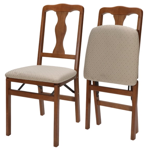 Open Box Queen Anne Hardwood Folding Chair - Fruitwood Finish with Blush Upholstery