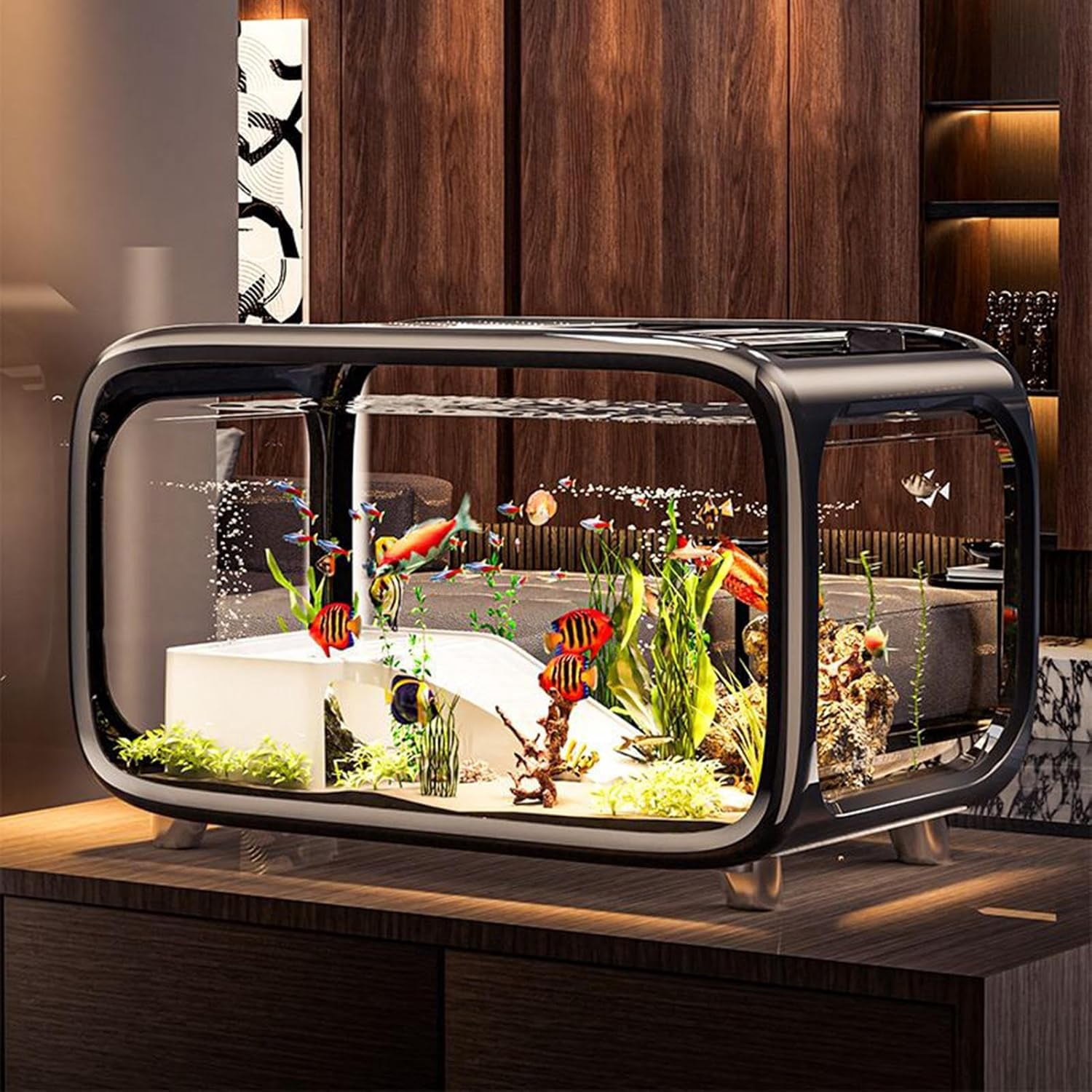ColourTree Black Transparent Fish Tank – Mini Aquascape Aquarium for Betta & Small Fish, Durable Acrylic, Shatter-Resistant