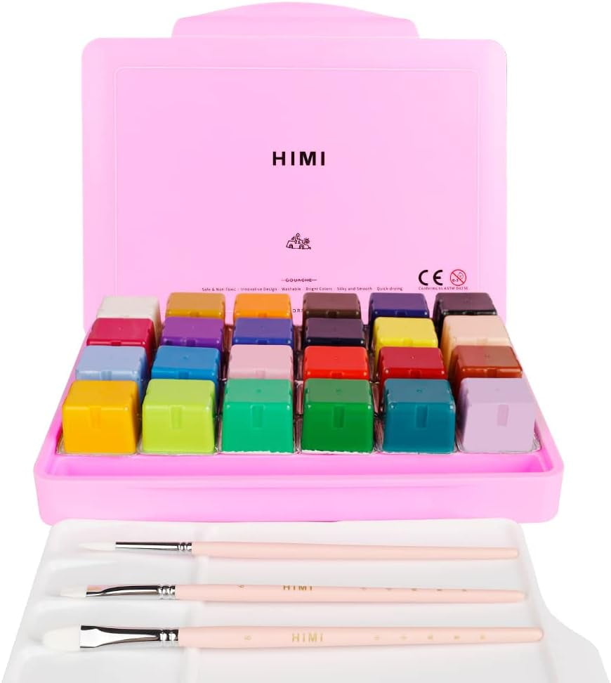Himi Gouache Paint Set, 24 Colors x 30ml Unique Jelly Cup Design with 3 Paint Brushes and A Palette in A Carrying Case Perfect for Artists, Students