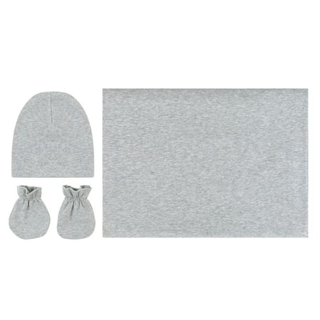 Petit Classics, Swaddle Blanket with Matching Beanie Hat and Mittens Set, Jersey Cotton â€“ Heather Grey 0-3 Months