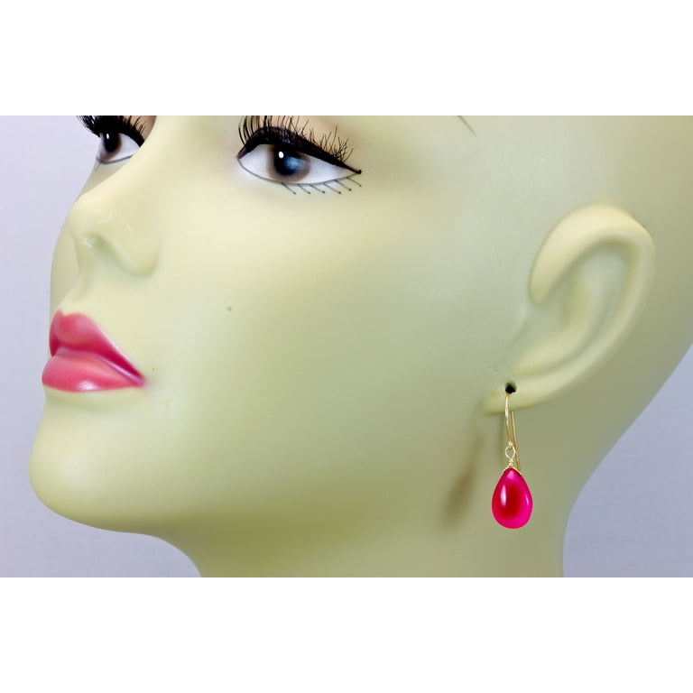 Chalcedony Earrings Hot Fuschia Pink Smooth Pear Shaped Teardrop