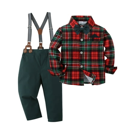 

CARETOO Baby Boy Clothes Suits Toddler Plaid Shirt Bowtie Suspender Pants Outfit Wedding 1-5 Years