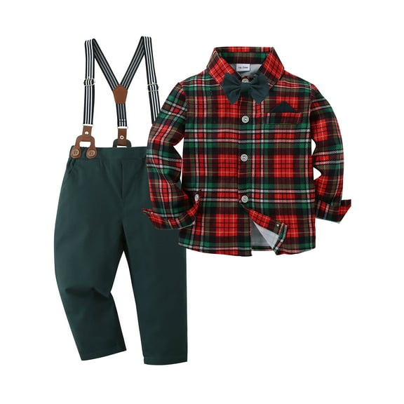 CARETOO Baby Boy Clothes Suits Toddler Plaid Shirt Bowtie Suspender Pants Outfit Wedding 1-5 Years