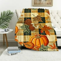 Fenyluxe Fall Blanket Fall Throw Blankets Orange Pumpkins Buffalo Plaid Patchwork Super Soft Micro Farmhouse Fall Leaves Coffee Decor for Sofa Bedroom