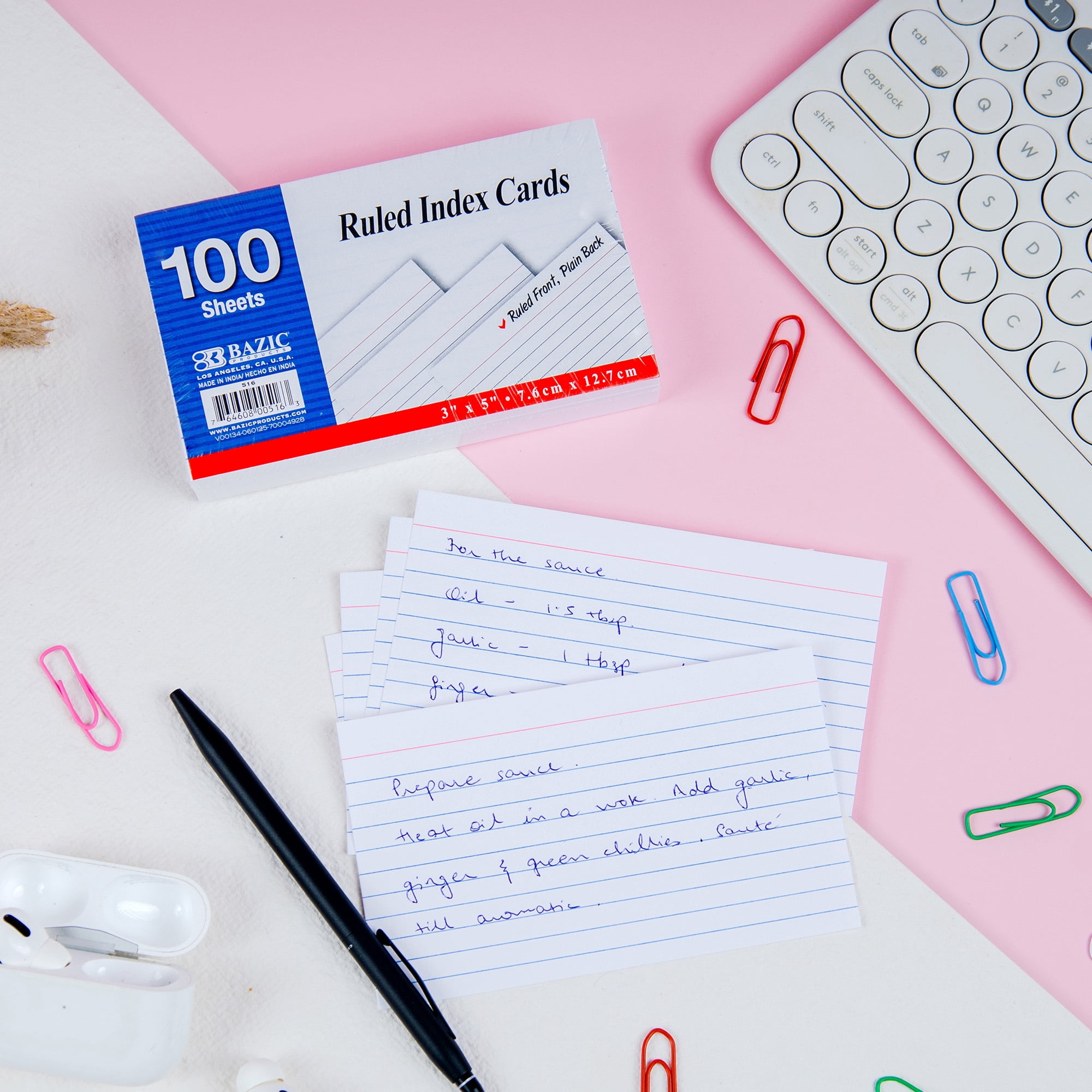 BAZIC Ruled Index Cards 3" X 5" 400 Count, White Flashcards (100/Pack), 4-Packs