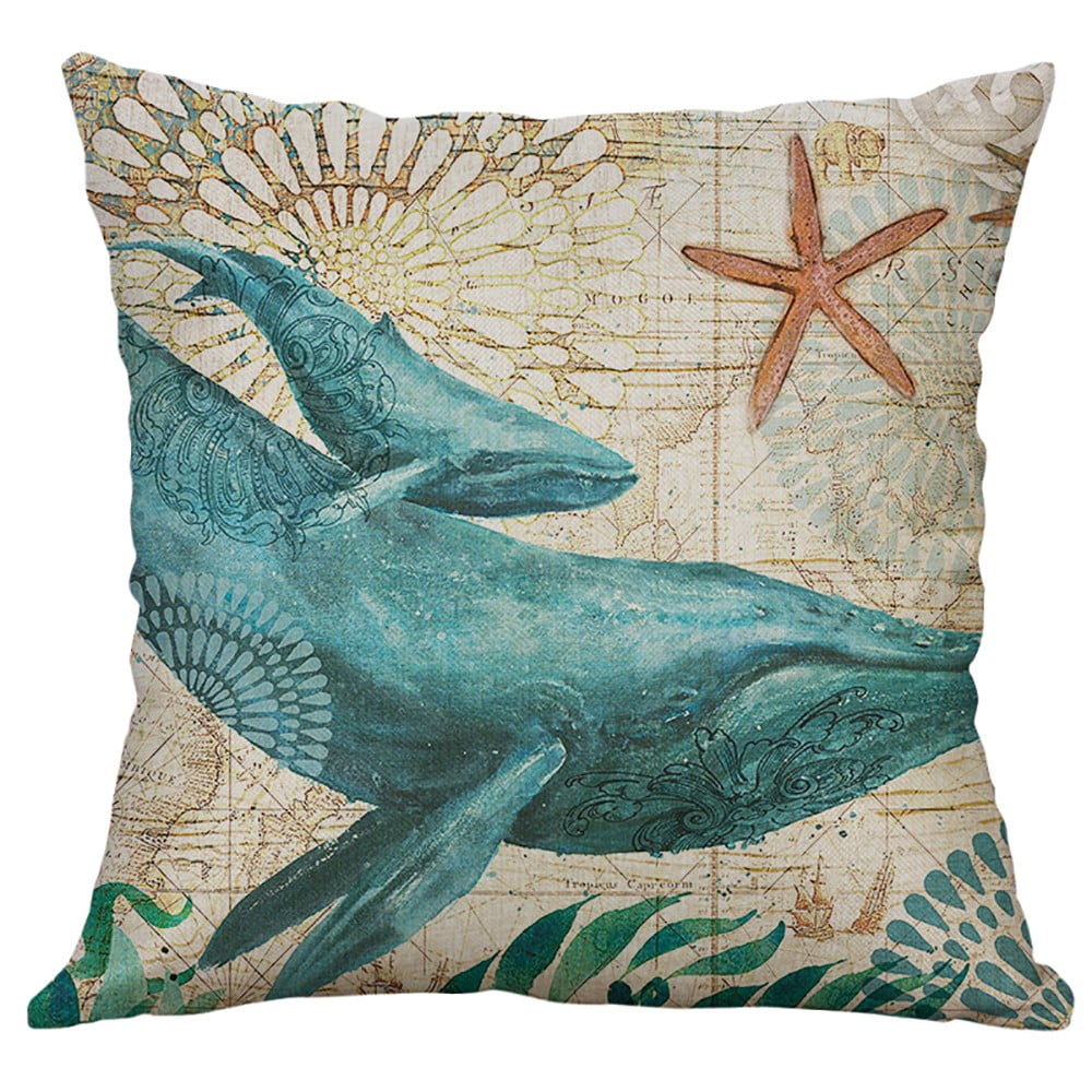 4 Pieces Sea Pillow Cover Seahorse Whale Starfish Turtle Blue Ocean Square Throw Pillow Case Sofa Bed Couch Throw Cushion Cover Decoration 18 x 18 