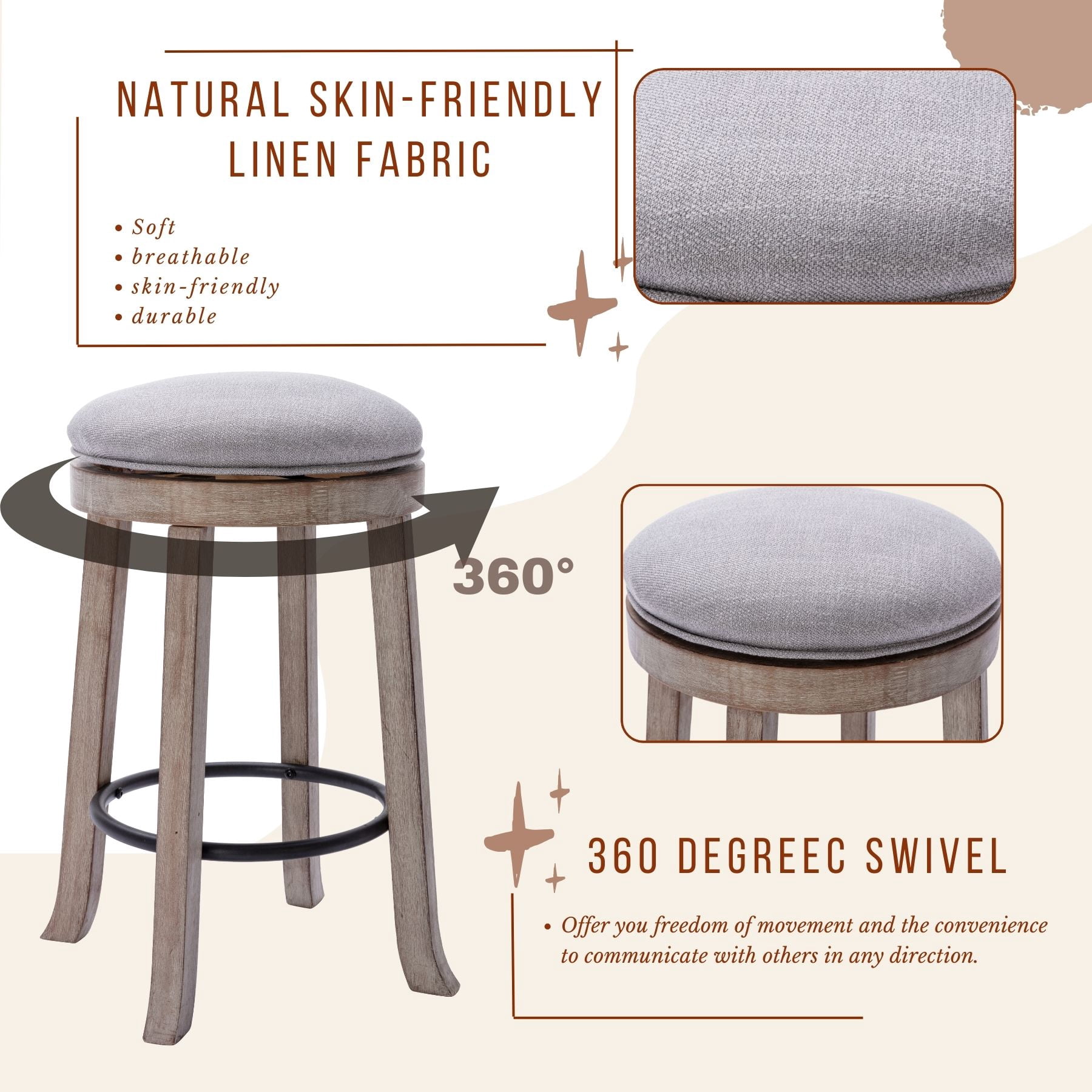 Dayalane Farmhouse 360° Swivel Bar Stools Set of 2, 25.6" Counter Height Round Linen Barstools with Wood Legs and Footrest, Backless Kitchen Island Chairs for Dining Room, Pub, Coffee Bar,Grey