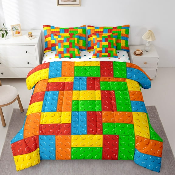 Erosebridal Building Blocks Bedding Sets Twin Size, Colorful Construction Comforter Sets with Sheets, Geometric Brick Decor, Reversible