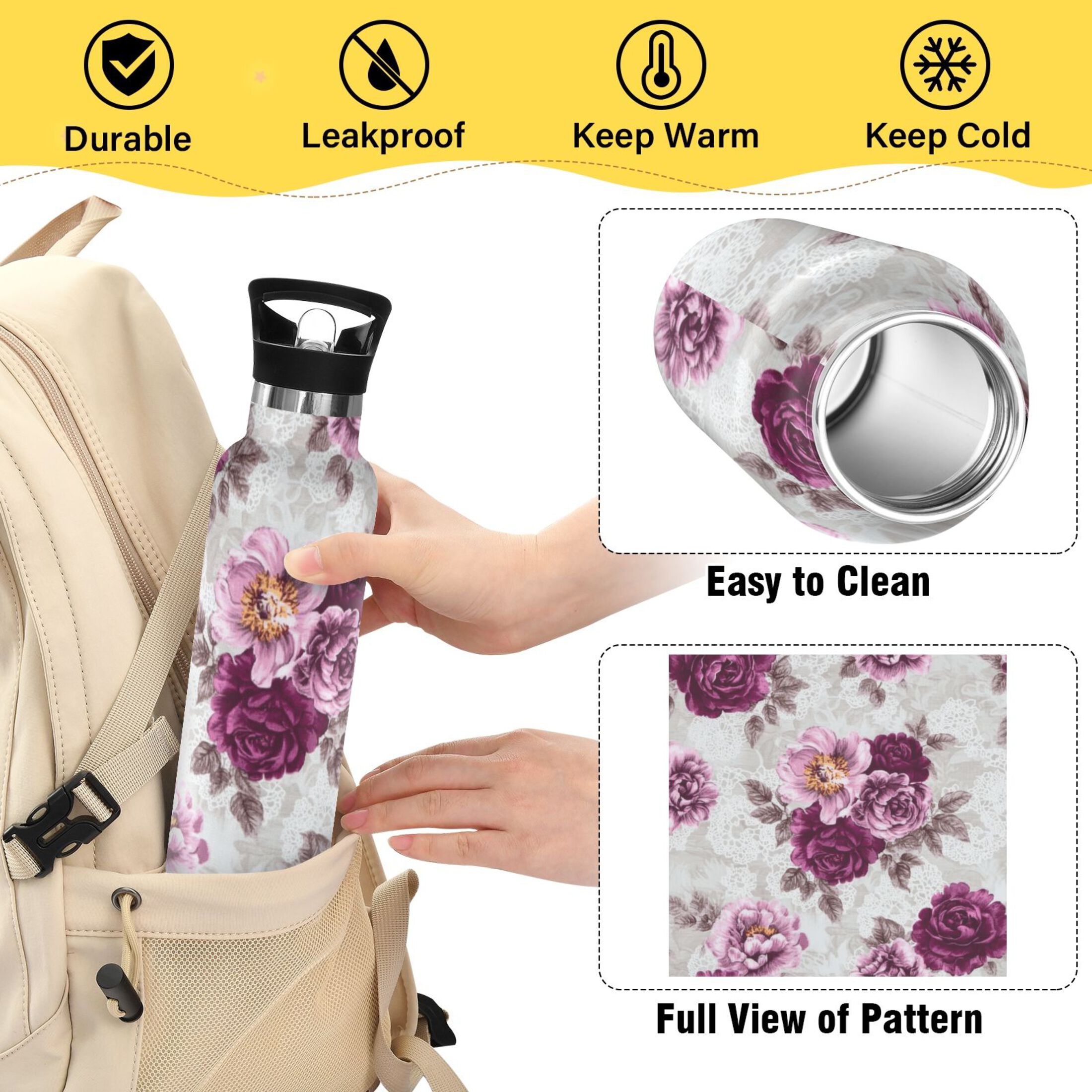 Kids Insulated Stainless Steel Sports Water Bottle 600ml (20oz) Magenta Roses