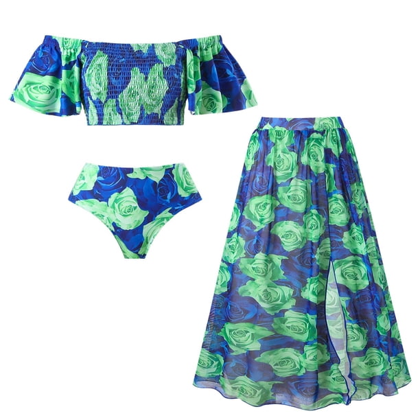 Gibobby Conjunto de traje de baño de bikini Traje de baño de 2 piezas para mujer+1 pieza para cubrir traje de baño de dos piezas con estampado vintage Mo(Verde,M)