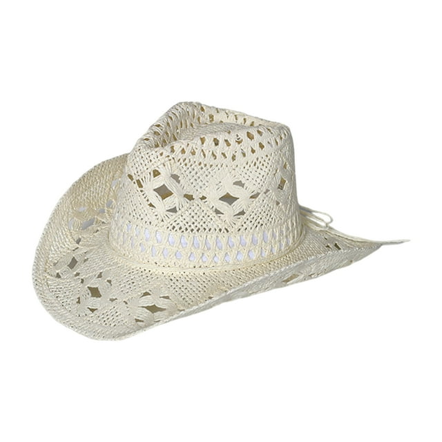 Flmtop Straw Hat Ventilated Hollow Round Collapsible Western Cowboy Beach Hat Photo Props