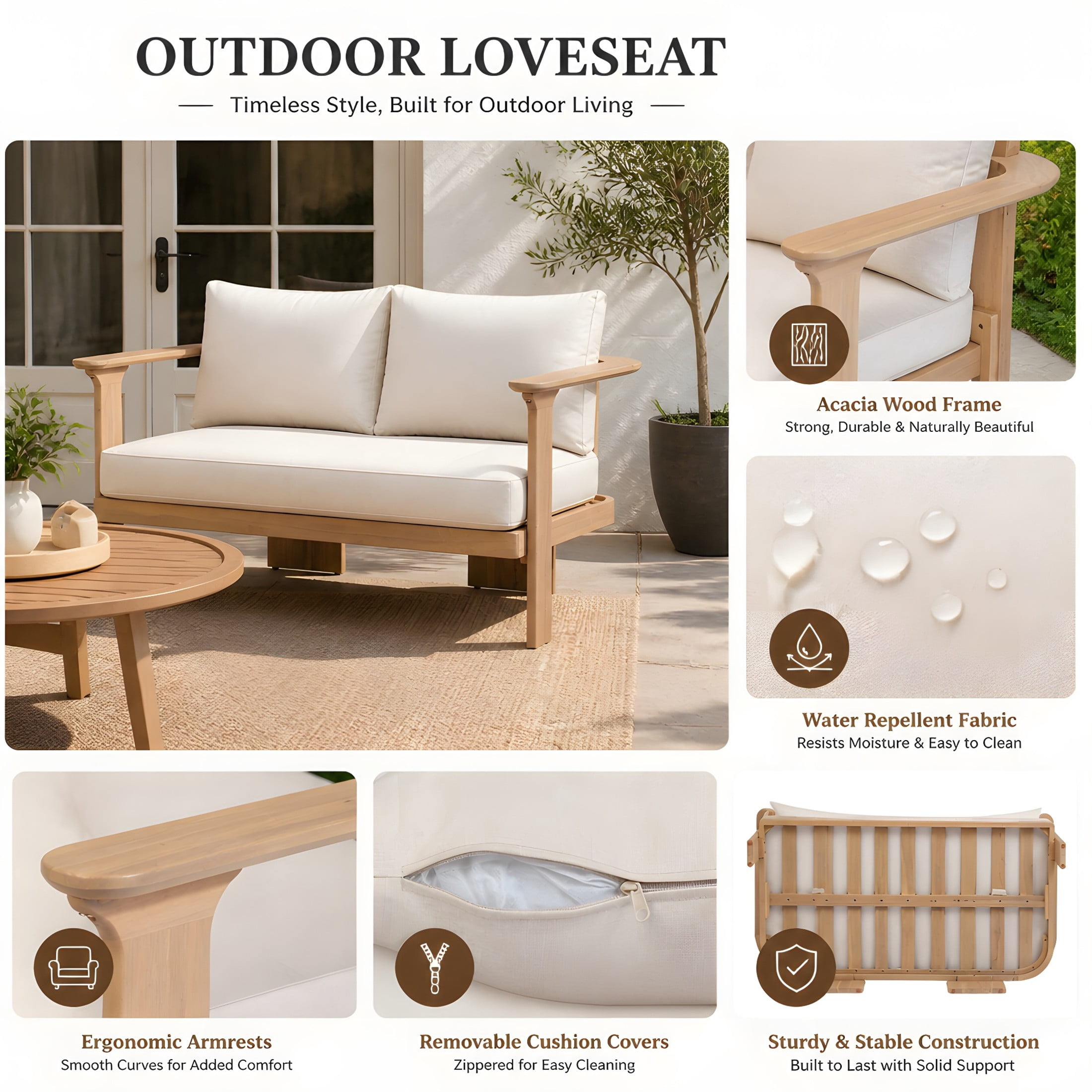 Christopher Knight Home 2-Piece Outdoor Loveseat and Coffee Table Set with Cushion, Brown+Beige