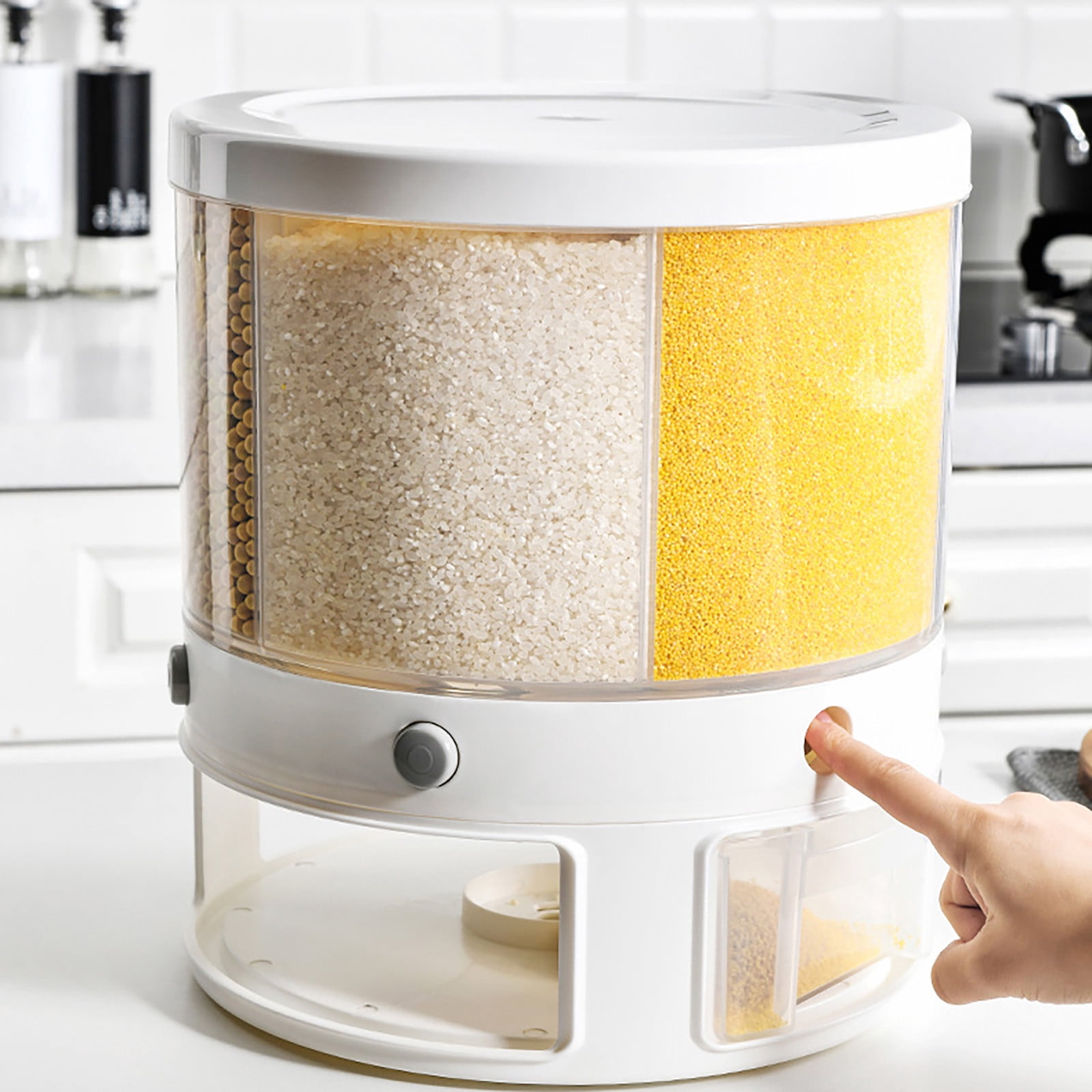 MOQIN Rice and Grain Dispenser, 360° Rotating Food Storage Container, 6-Compartment Dry Food Dispenser with Lid, Airtight Storage for Small Grains,Beans,Rice