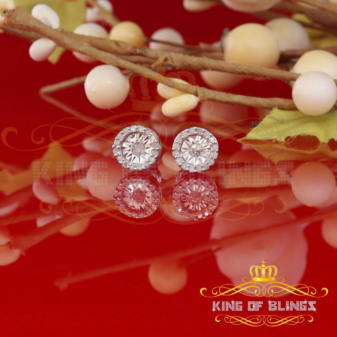 King of Bling's 925 Sterling Silver 0.15ct Diamond For Women's/ Men's White Stud Round Earrings