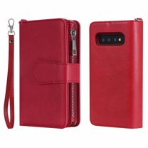 Galaxy S10 Wallet Case, Dteck Pure Color PU Leather Case, Zipper Wallet Case, Detachable Magnetic Back Phone Cover & Card Slots & Hand Strap For Samsung Galaxy S10 Plus 6.4 inch, Red
