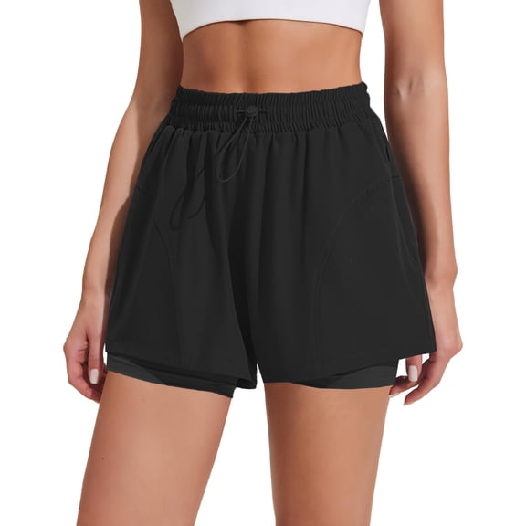 Pinspark 2 in 1 Athletic Shorts for Women, High Waisted Running Shorts with Zipper Pockets