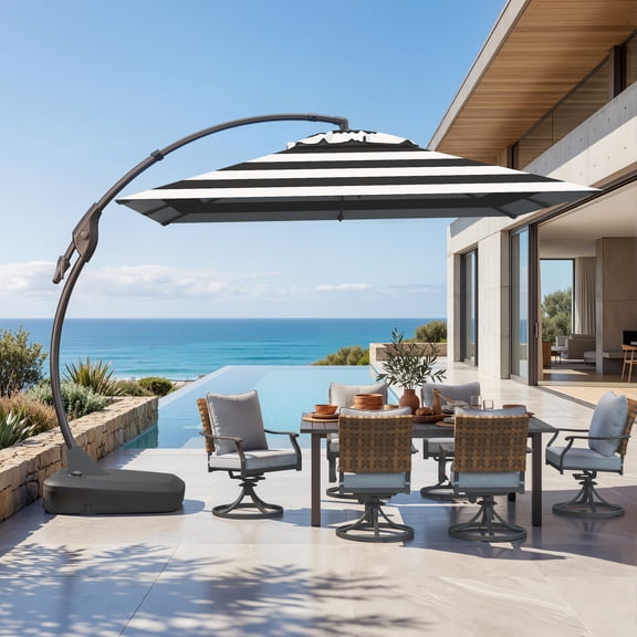 EVERITE 10x10FT Offset Umbrella - Patio Garden Use，Black and White Stripes