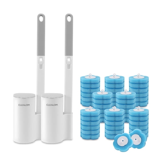 CLEALOM 2 Pack Disposable Toilet Brush and Holder Set,Extended Handle with  Cleaner Refills,Toilet Brush for Toilet Bowl Cleaners,Bathroom Cleaning System