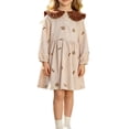 thumbnail image 2 of Toddler Warm Corduroy Fall Outfit Contrast Big Ruffle Collar Tiny Floral Embroidery Gathered Waist Casual Dress for Birthday Parties Indoor Tea Parties Khaki 80, 2 of 7