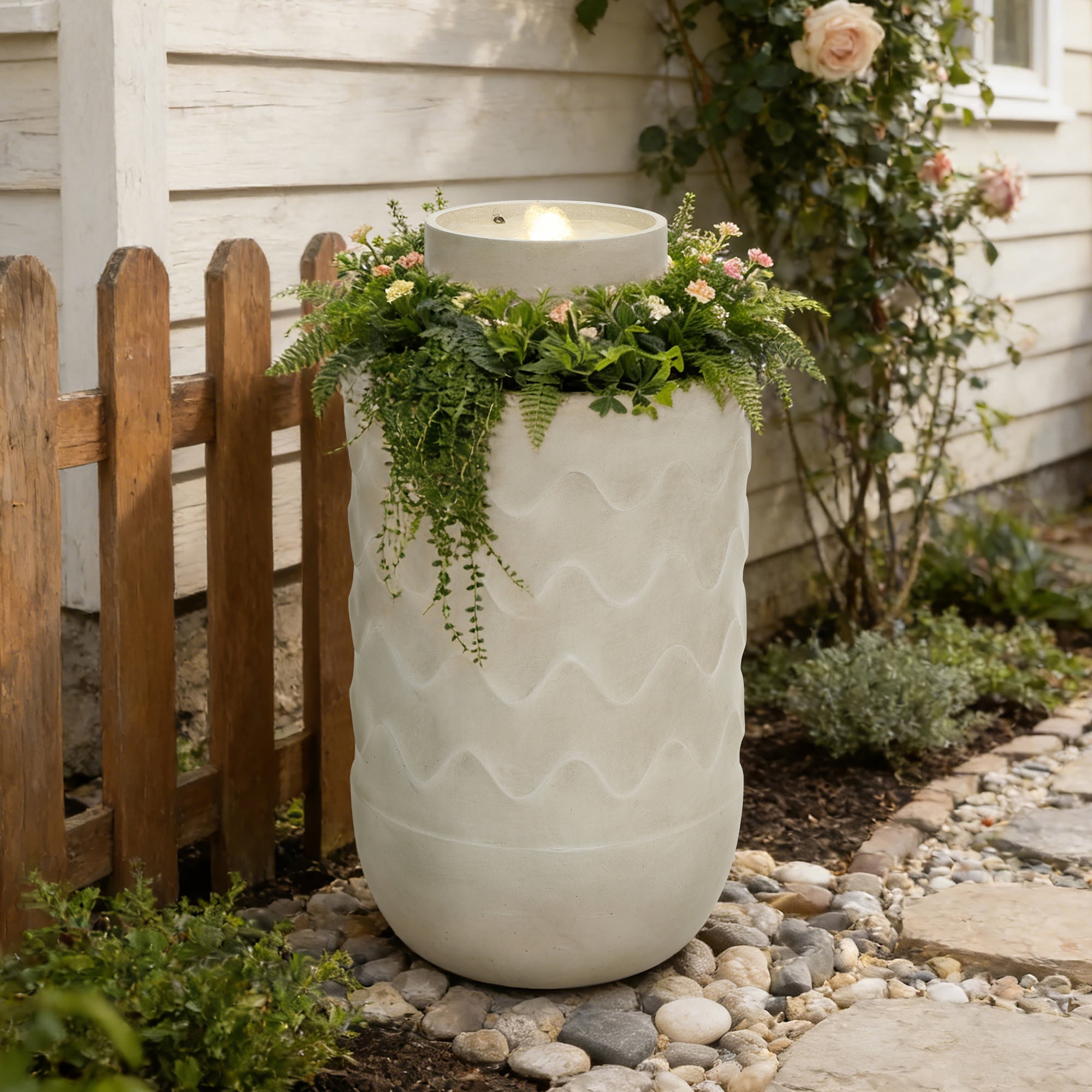 LuxenHome Outdoor Lighted Polyresin Fountain with Planter, Decorative Garden Accent