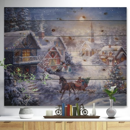 Open Clip Art Christmas DESIGN ART Designart 'Full Moon Christmas Evening with open sleigh and church' Print on Natural Pine Wood - Purple ()