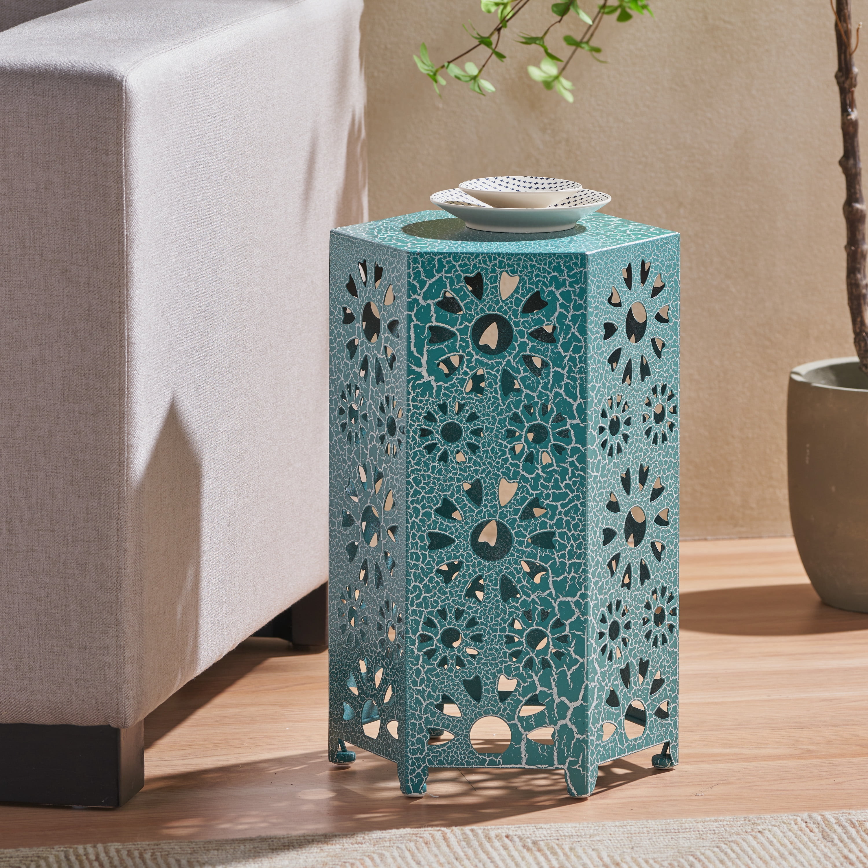 Outdoor Hollow Out Iron Side Table 12 Inch, Craft Accent Table for Patio Garden, Crackle Teal