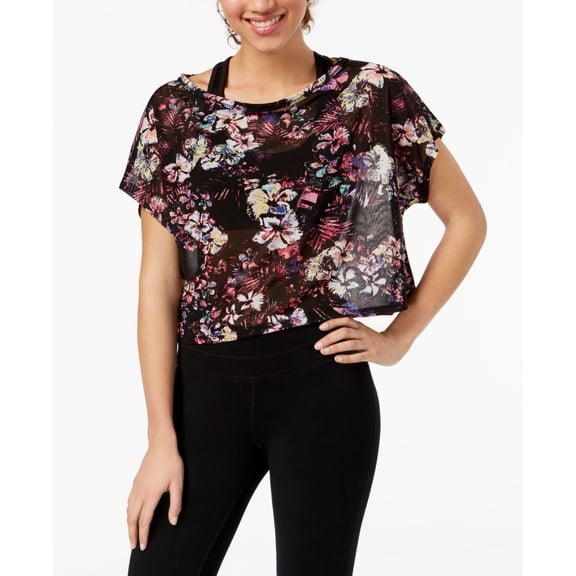 Material Girl Juniors Printed Active Top Black Floral S