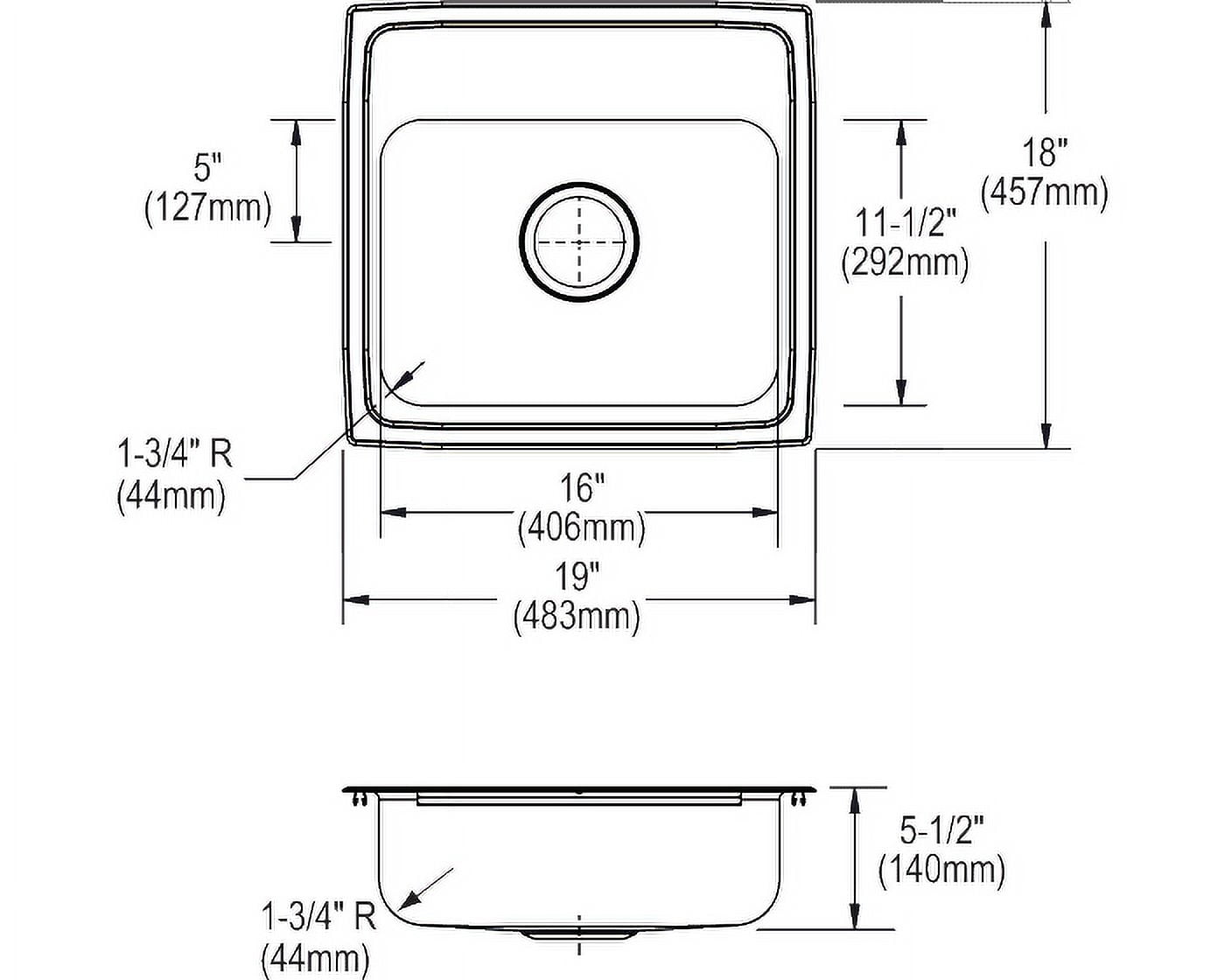 Elkay 19X18X5-1/2 1H 1B ADA SS SINK
