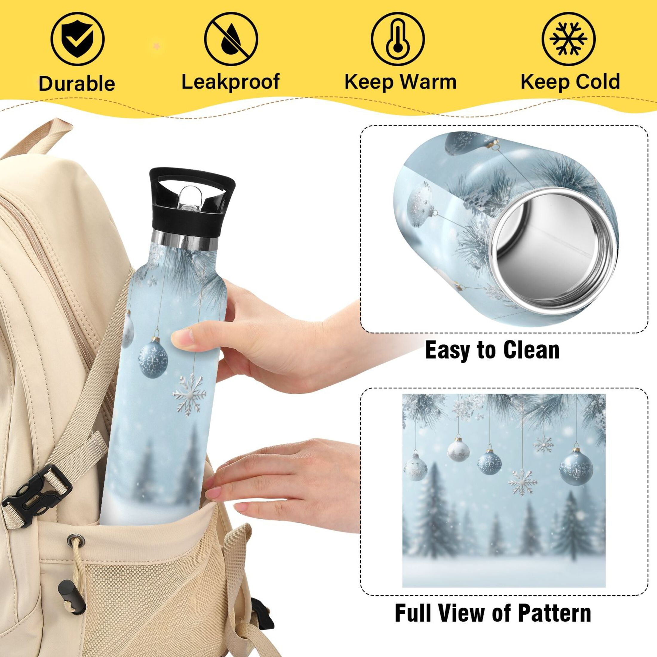 Kids Insulated Stainless Steel Sports Water Bottle 600ml (20oz) Glass Christmas Ornaments
