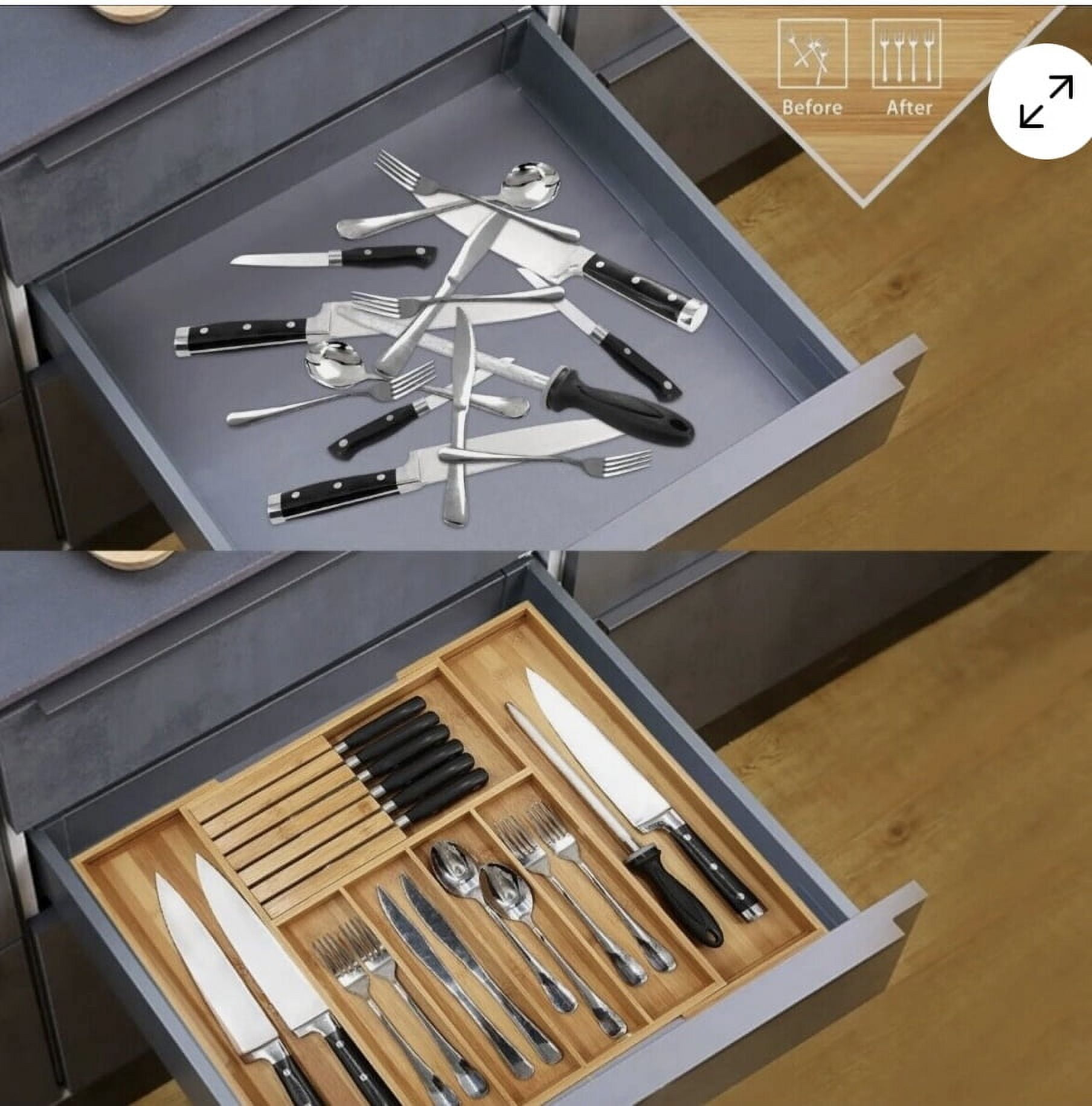 Bamboo Silverware Drawer Organizer Kitchen Expandable Utensil Holder and Cutlery