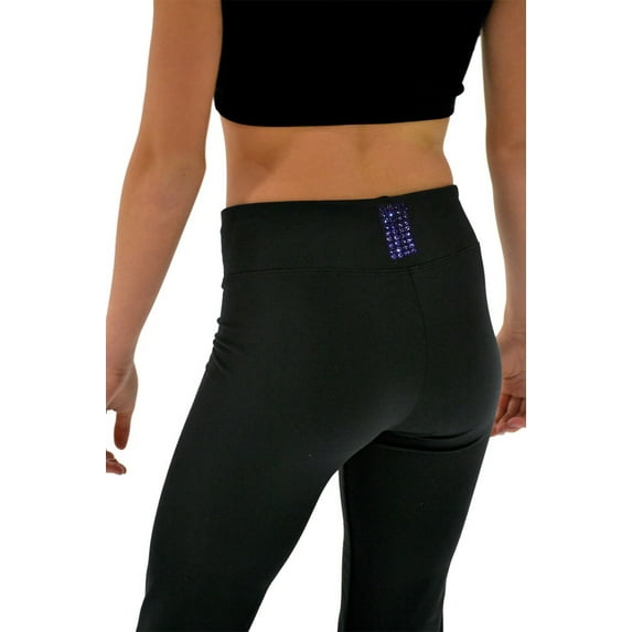 Chloe Noel P622F All Black 3" Waist Band Light Weight Fleece Figure Skating Pants with Purple Swarovski Crystal Blocks
