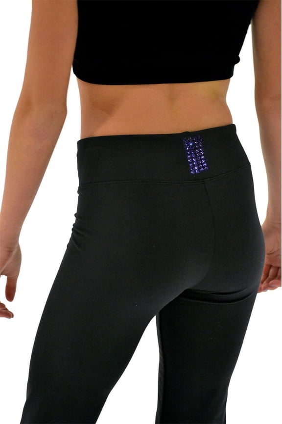 Chloe Noel P622F All Black 3" Waist Band Light Weight Fleece Figure Skating Pants with Purple Swarovski Crystal Blocks