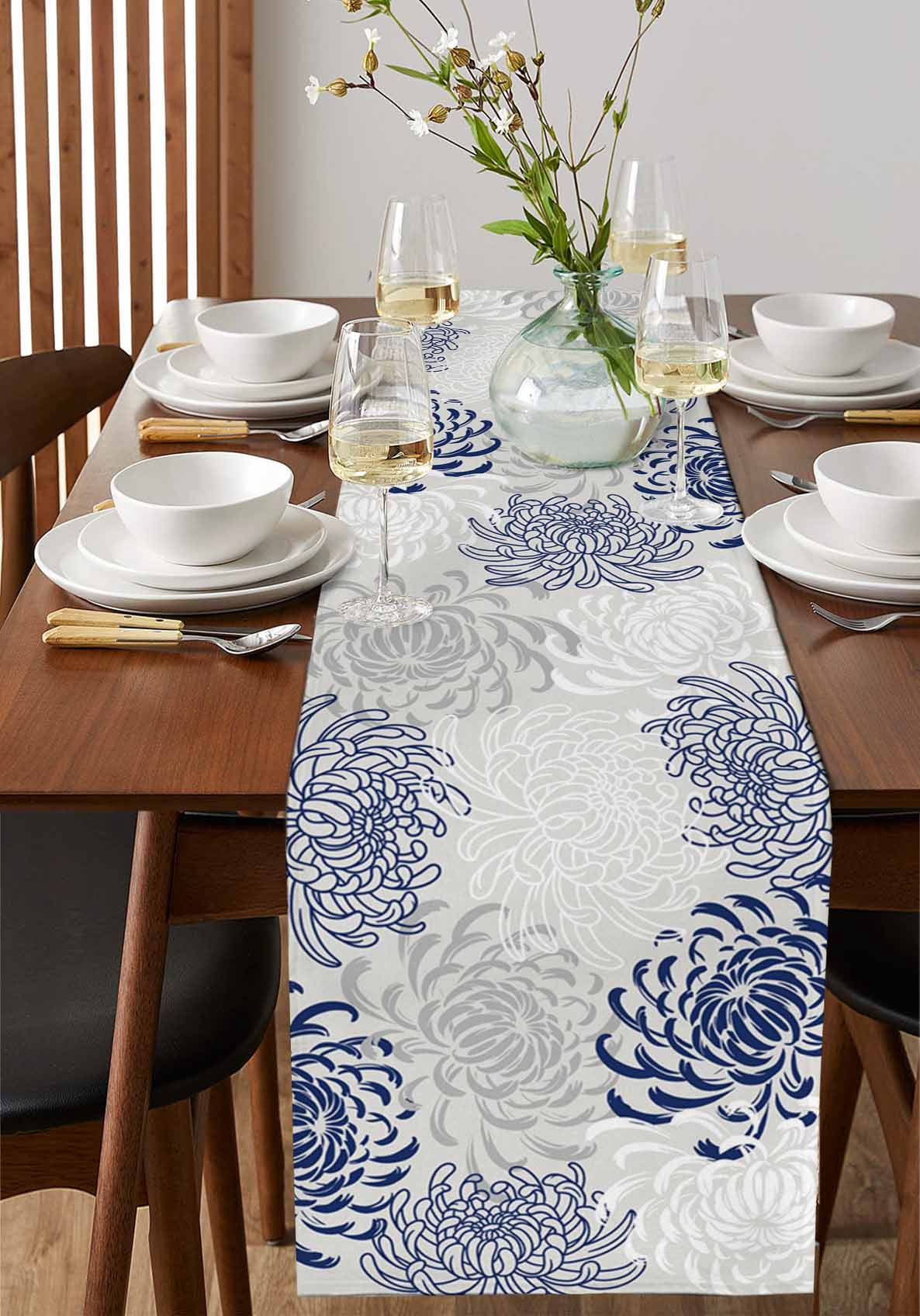 Table Runners 72 Inches Long Dress Scarves, Blue White Farmhouse Kitchen/Dining Table Runner, Coffee Tablerunners, Abstract Grey Chrysanthemum Flower Floral 13x72 Inch