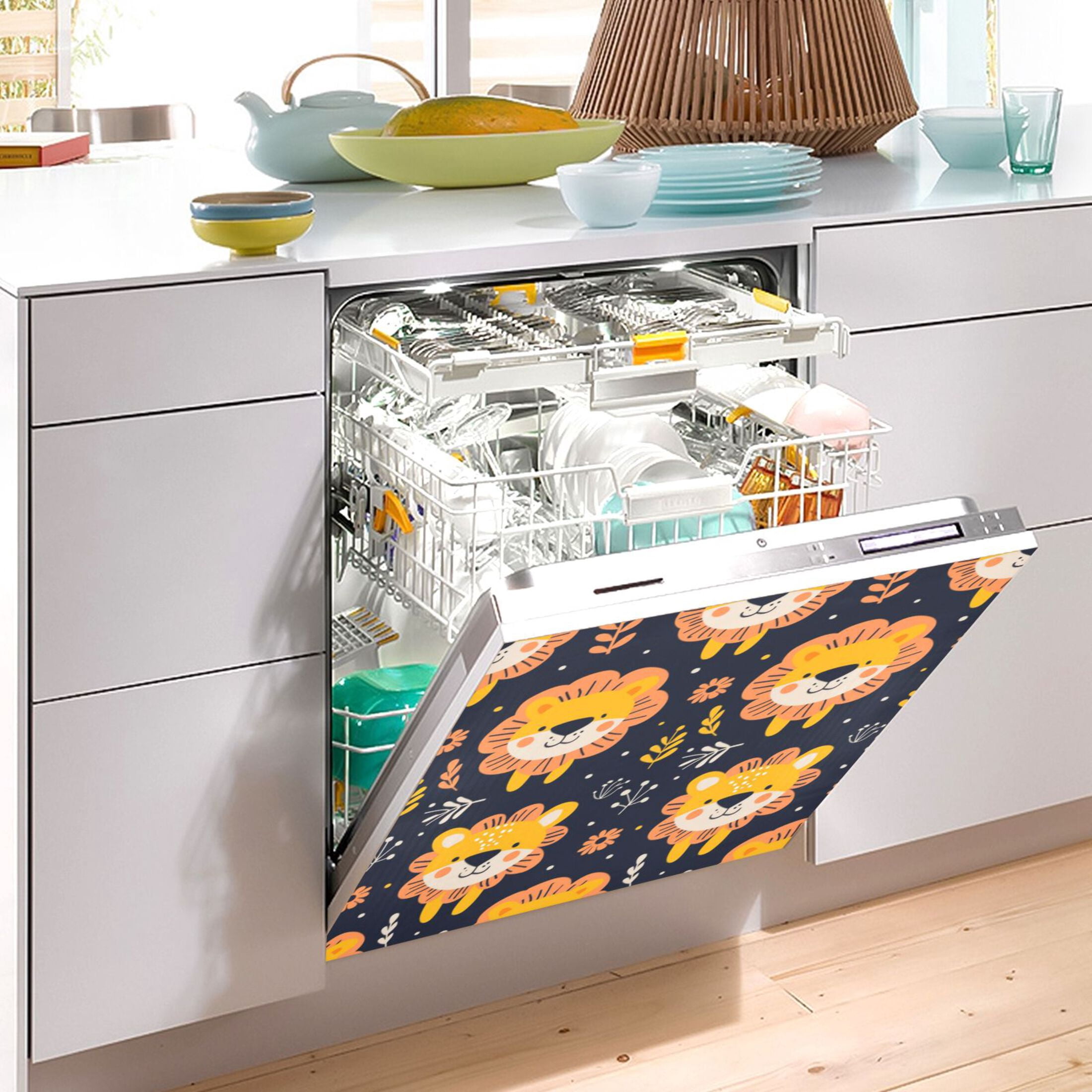 Dishwasher Magnetic Sticker 23x26 Inch Refrigerator Magnetic Sticker Washing Machine Magnetic Sticker Kitchen Panel Magnetic Sticker Home Decor Cartoon Yellow Lion