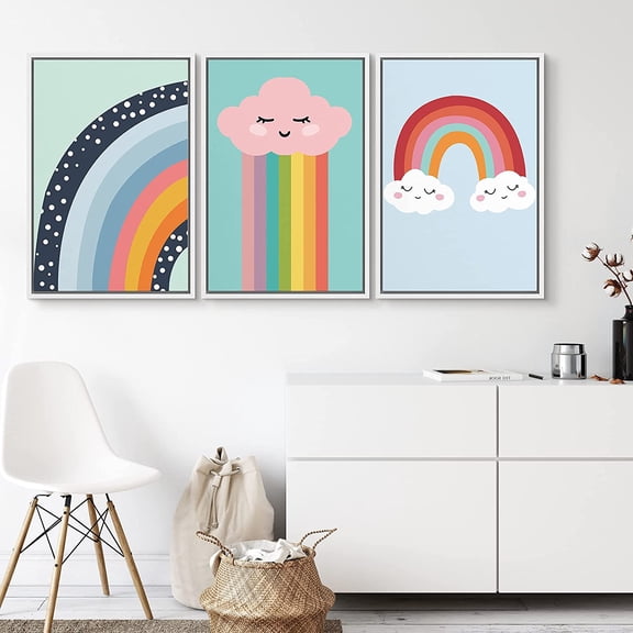 PixonSign Framed Wall Art Print Set Abstract Mid-Century Modern Circles & Lines Geometric Shapes Modern Art Chic Colorful Multicolor Warm for Living Room, Bedroom, Office - 24"x36"x3 White