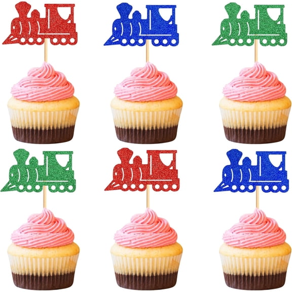 Multicolor Glitter Train Cupcake Toppers, 12PCS Picks for Kids Birthday & Transportation Themed Party Dessert Decor