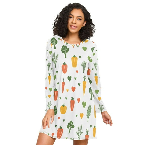 FORMRS Womens Long Sleeve Nightgowns Crew Neck Sleep Shirt Soft Pajamas Sizes S-3XL, Green Cute Vegetables