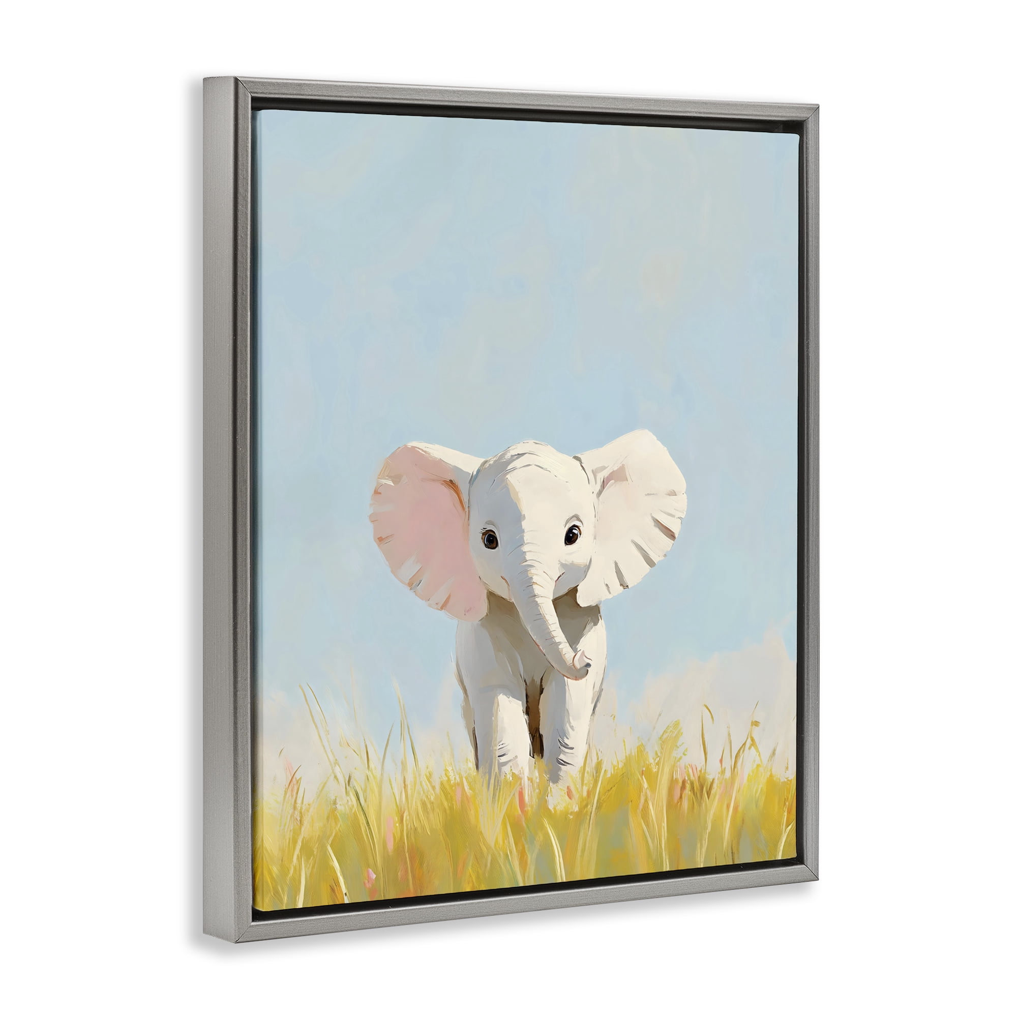 Stupell Industries White Baby Elephant in Grass Gray Framed Floater Canvas Wall Art, design by The Prints Vibe