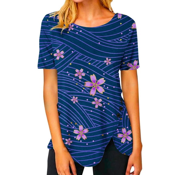 Fesfesfes Ladies Tops And Blouses Women Round Neck Print T- Fashion Comfortable Female Blouses Tops Womens Tops 6(M)