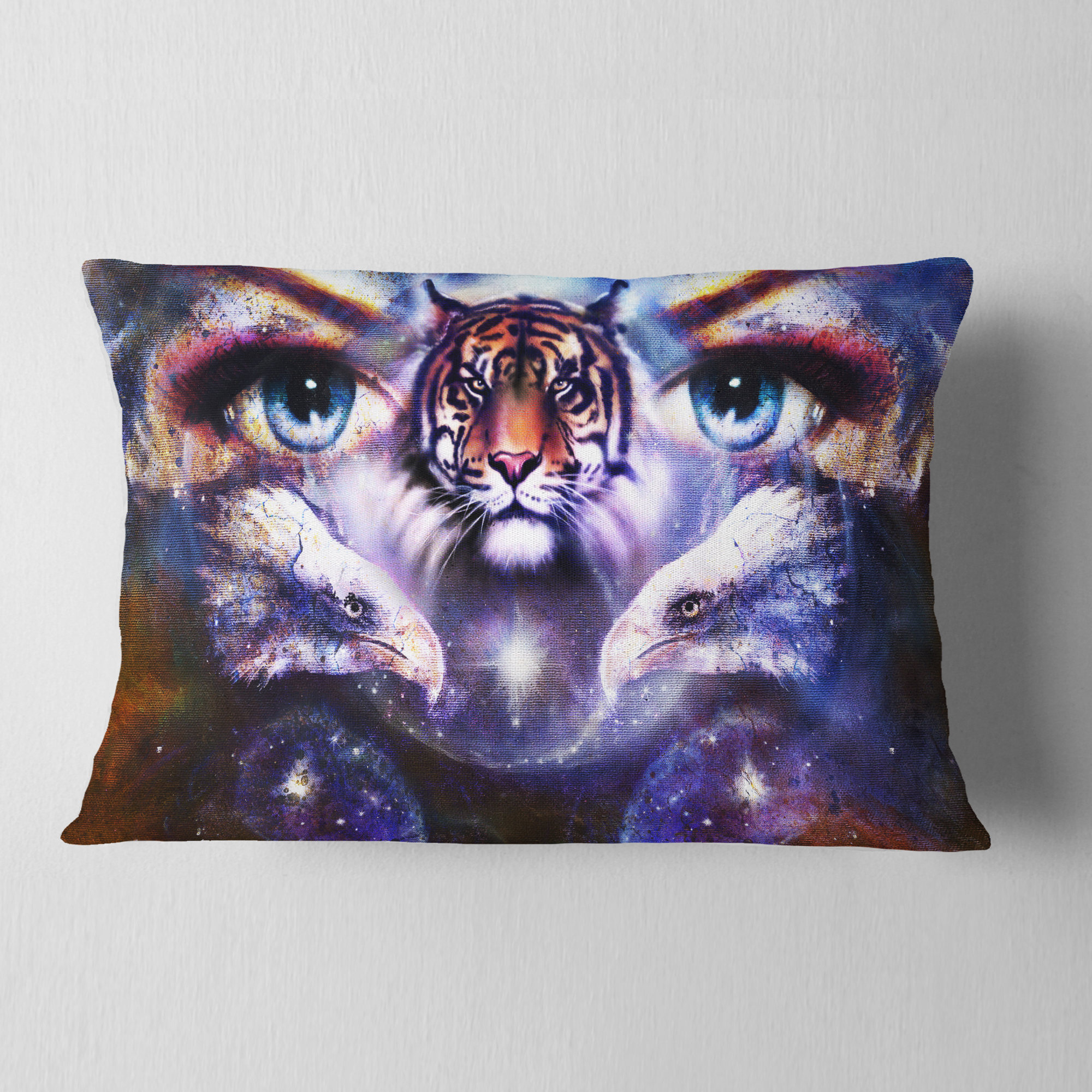 Designart Tiger Eagles and Woman Eyes Collage - Animal Throw Pillow - 12x20