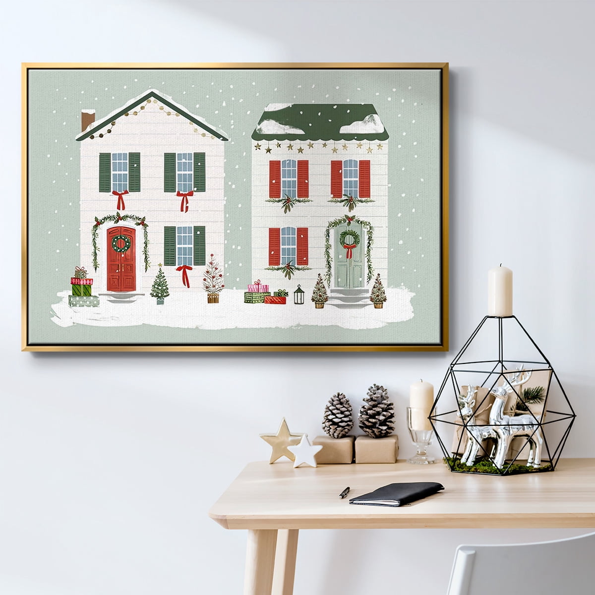 Festive Front Door Collection A - Framed Gallery Wrapped Holiday Canvas - 25 x 37 - Gold Frame