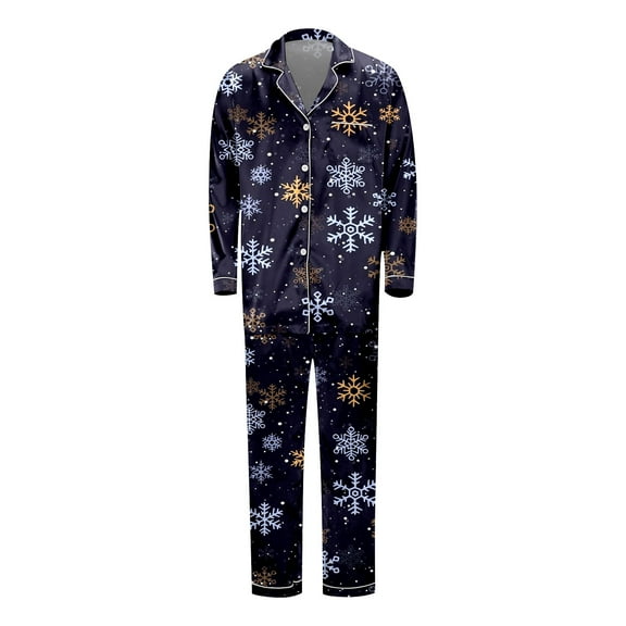 Bjutir Family Christmas Pajamas Mens Silk Christmas Pajamas Long Sleeve Lapel Snowflake Print Shirts With Pants Nightwear,Navy,Size M