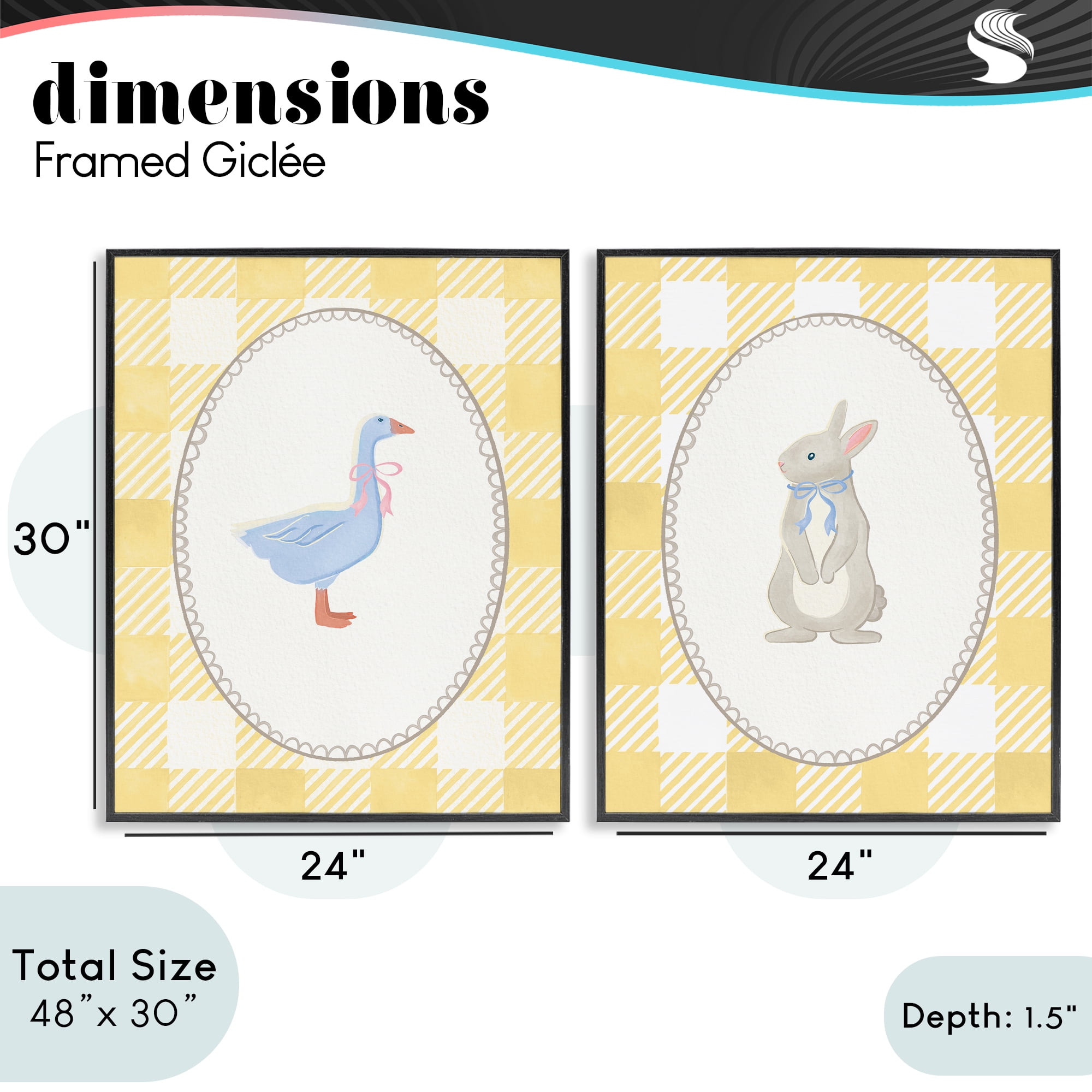 Stupell Industries Goose & Bunny Yellow Gingham 2 Piece Black Framed Giclee Art Set, design by The Paper Curator