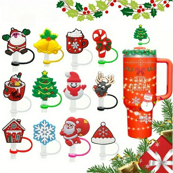 25PCS-Christmas-Themed Straw Covers - Reusable Food-Grade Silicone Caps for 8mm Diameter Straws, Thermos and Sports Bottle Accessories, Protective Sleeves, Holiday Designs, Durable Material, Gift Giv