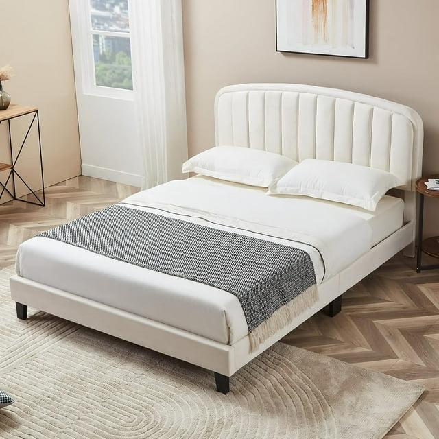 TOYTEXX Lit Plateforme en Velours Rembourré Format Grand, Tête de Lit Réglable – Tout Âge, Blanc