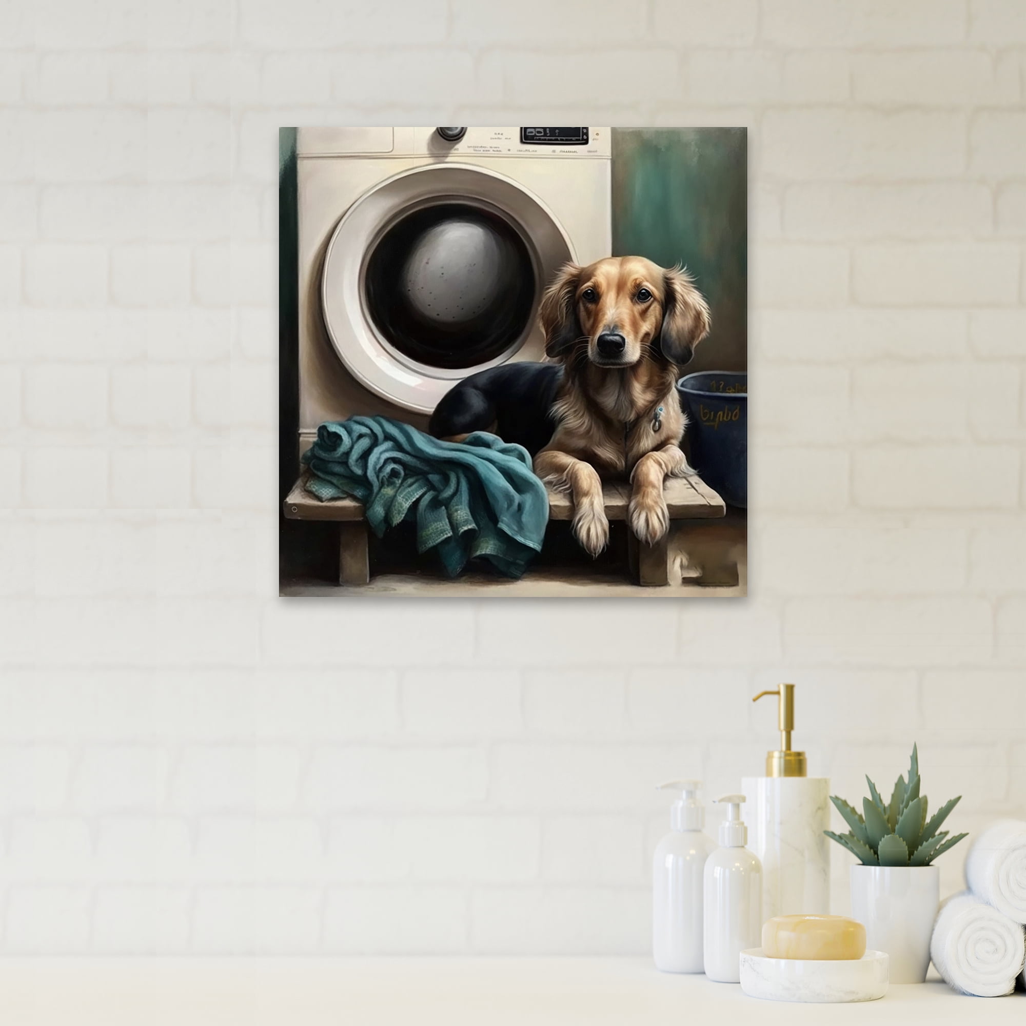 Designart Dog Sitting On The Laundry III Canvas Wall Art