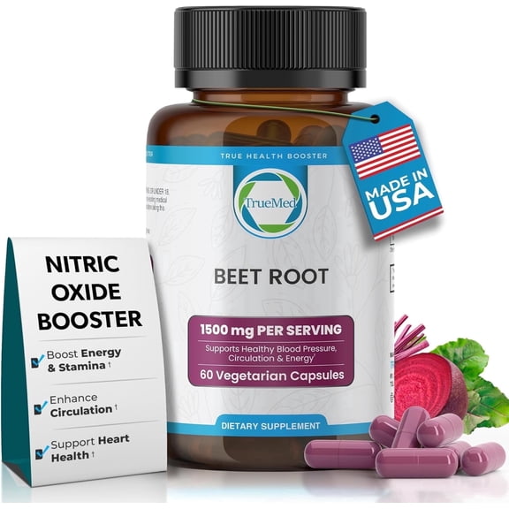 TrueMed Organic Beet Root Capsules 1500 mg, Beetroot Supplement for Circulation Support & Energy Support, Vegan, Non-GMO, 60 Capsules