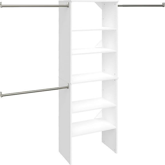 ClosetMaid SuiteSymphony Wood Closet Organizer Starter Kit Tower and 3 Hang Rods, Shelves, Adjustable, Fits Spaces 5 – 10 ft. Wide, Pure White, 25"